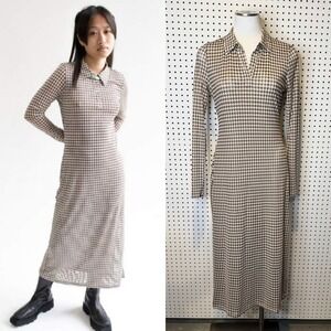 Find Me‎ Now | Elena Brown Houndstooth Mesh Long Sleeve Stretch Midi Dress Sz. L